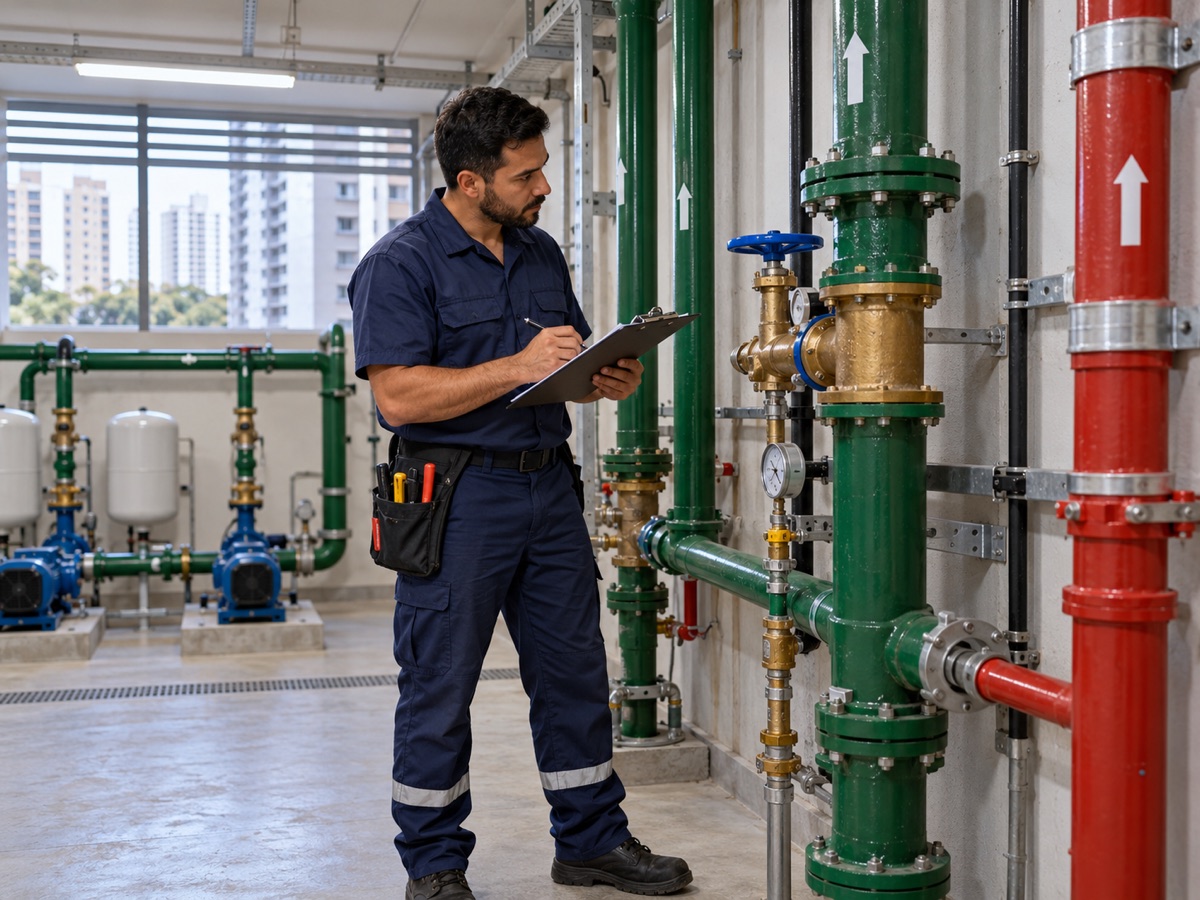 Profissional fazendo inspeção técnica de tubulações em edifício residencial