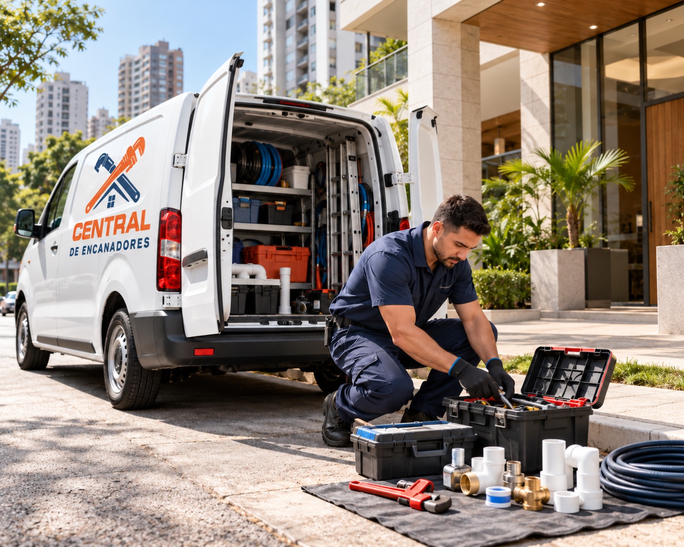 Encanador organizando ferramentas ao lado da van da Central de Encanadores, com o logo aplicado na lateral